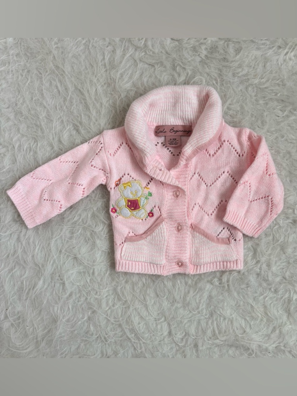 Little Beginnings Pink Shawl-Collar Knit Cardigan with Embroidered Bear